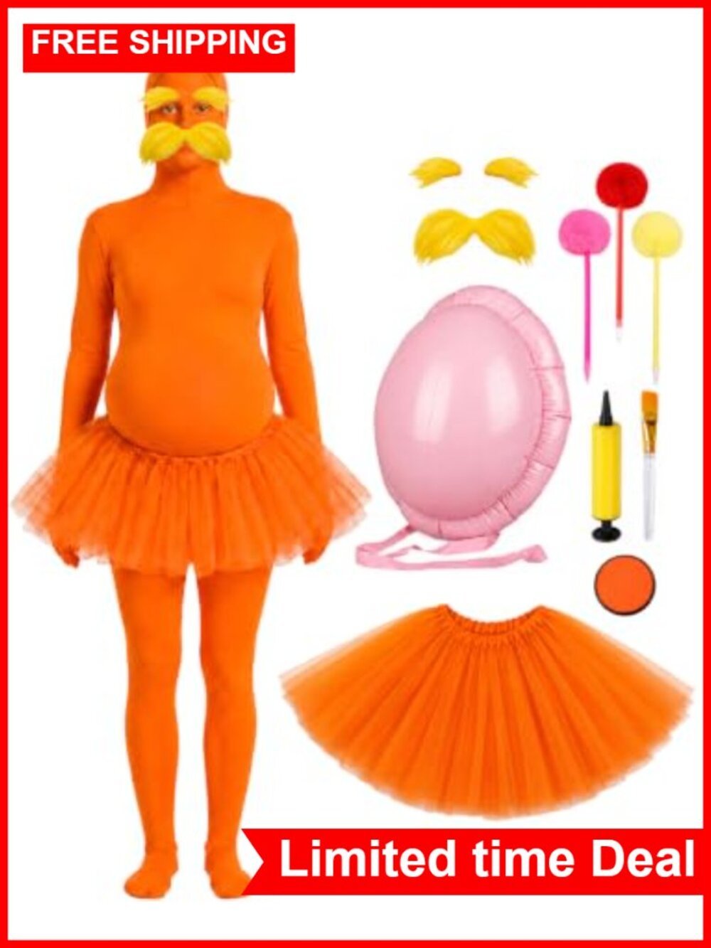 Womens Halloween Costume Orange Jumpsuit Tutu Inflatable Belly Set
